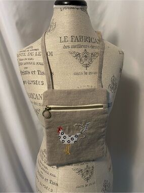 Handmade Linen Crossbody Bag with Embroidered Chicken - Natural